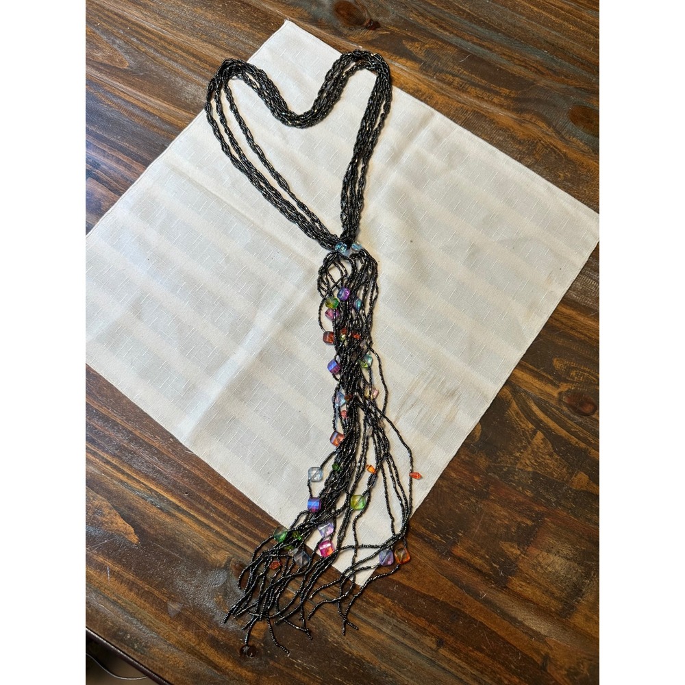 Passion 4 Fashion Gunmetal Seed Bead Multi Strand Lariat Necklace Iridescent 31"